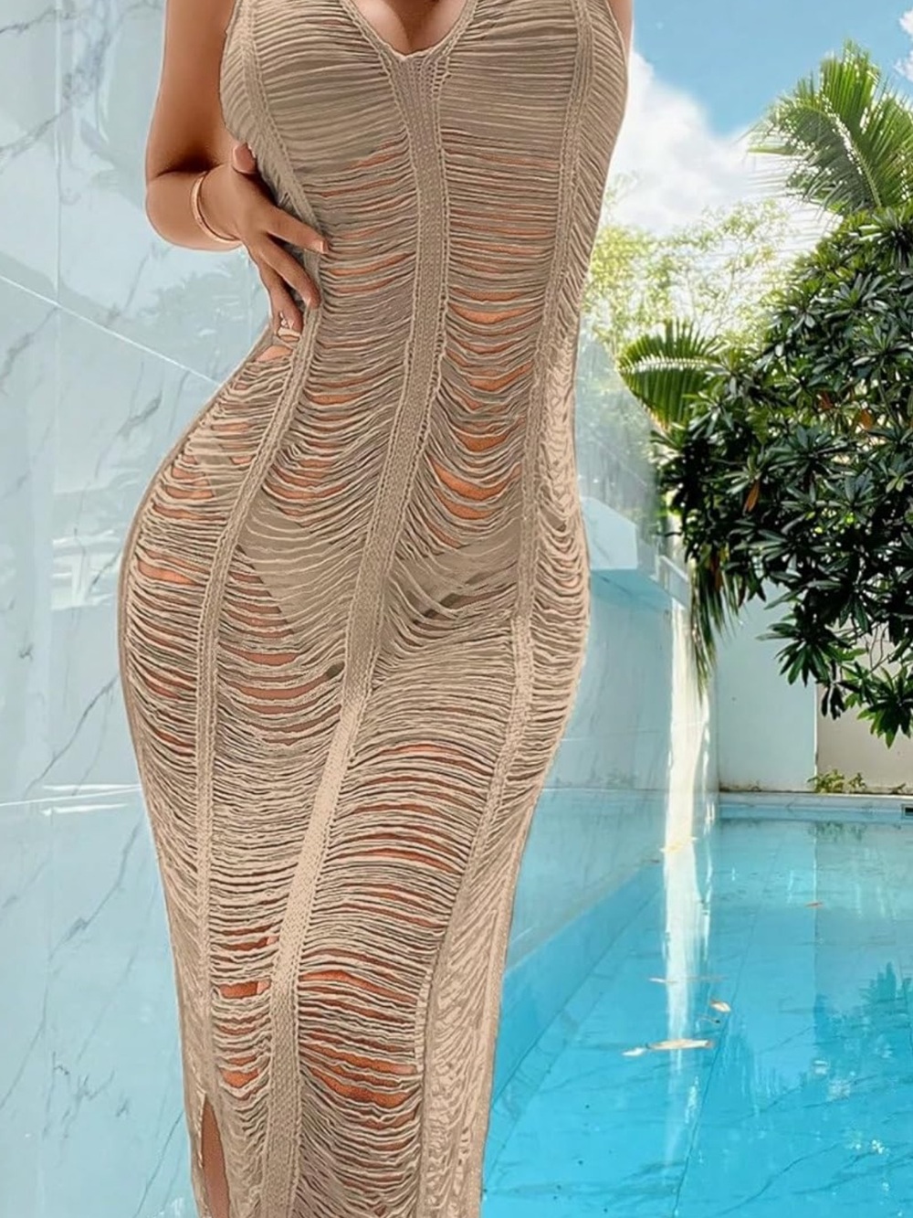 Beige Distressed Knit Bodycon Maxi coverup